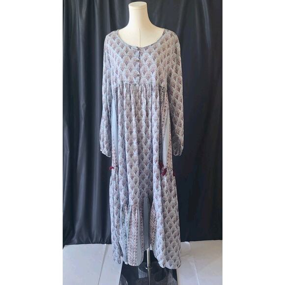 World Market Blue Purple Floral India Tasseled Maxi Caftan Dress Large XL - Picture 1 of 6